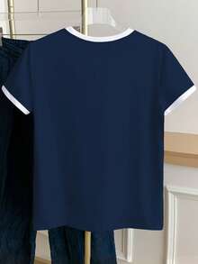 Resyla Plus Size Women's Casual Coffee Print Round Neck Short Sleeve T-Shirt, Summer - Navy Blue - View 2