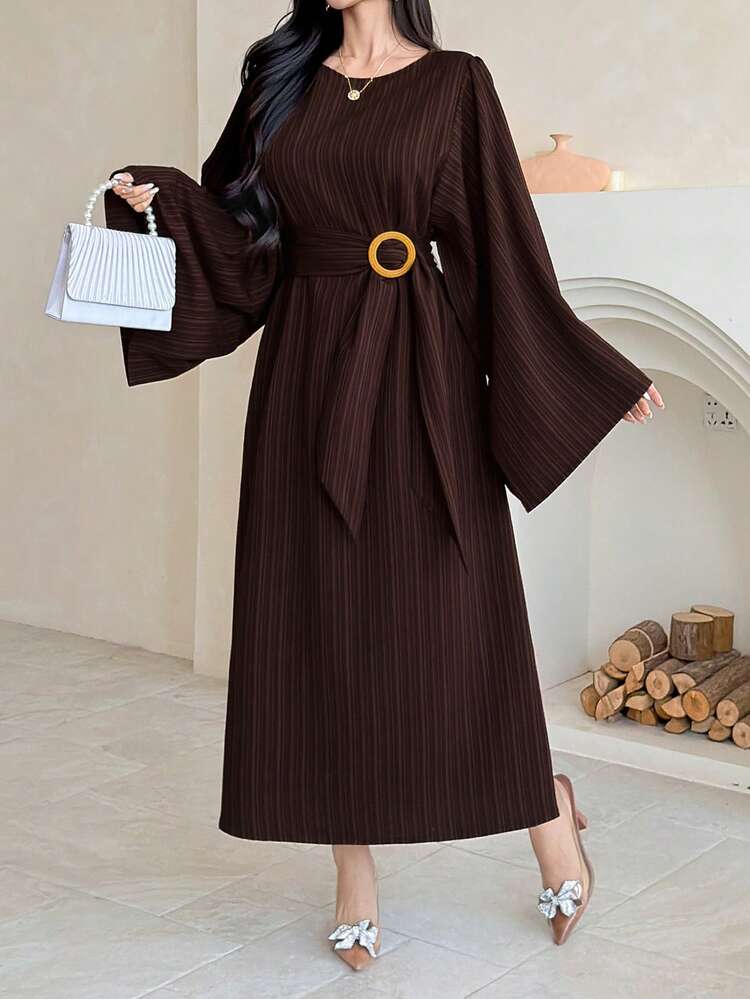 Women's Fashionable Solid Color Round Neck Long Dress Sundress