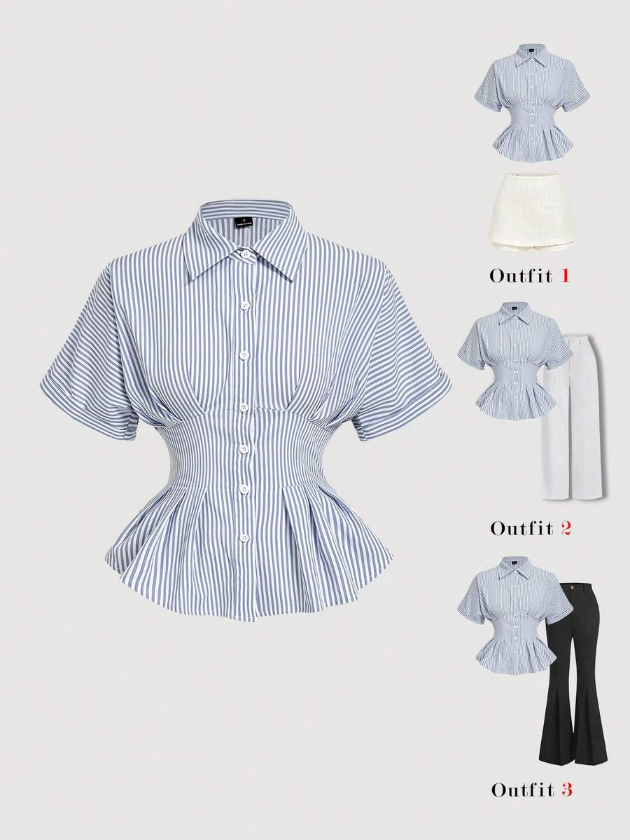 SHEIN MOD Áo sơ mi nữ kẻ sọc cổ điển, bèo nhún eo, thích hợp cho mùa xuân, đi làm, mặc thường ngày, áo công sở, áo sơ mi nữ thường ngày, áo kiểu kẻ sọc. - Xanh và trắng - Xem 1