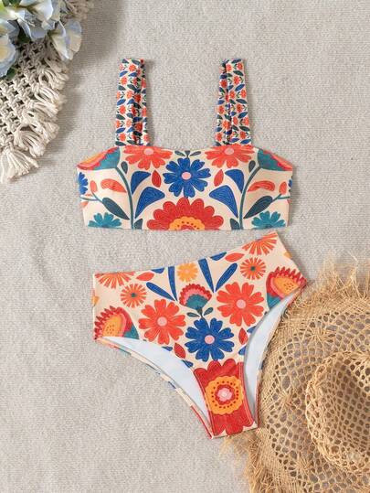 Swim Vcay Women's Sexy Thick Strap Tight Random Print High Waist Swimwear Shorts, Casual Holiday Beach 2 Pieces Swimsuit For Summer Beach Vacation