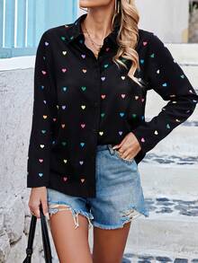 Elenzga Plus Heart Print Button Front Shirt,Valentine - Black - View 3