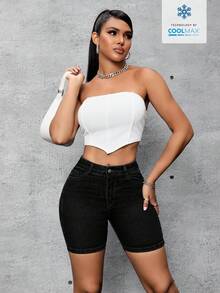 Flexra Quần short denim skinny tối giản túi xéo thời trang mùa hè dành cho nữ. - màu đen - Xem 5