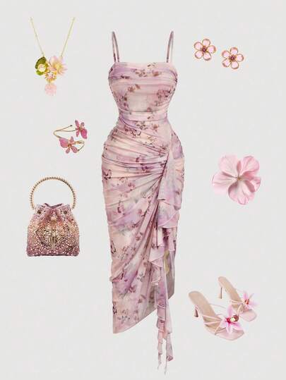 SHEIN MOD Vestido de mujer con estampado de mariposa vintage con teñido anudado, volantes fruncidos y bajo asimétrico, ideal para el Día de San Valentín, carnaval, cóctel, cena, baile de graduación, cumpleaños, verano y fiestas