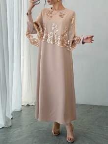 DAZY Women's Gold Foil Mesh Shawl And Round Neck Long Sleeve Dress Casual Daily Holiday Outfit - Pink - View 5