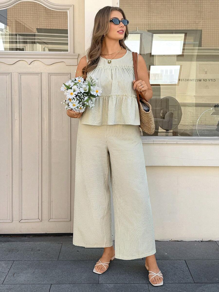 Lounesse Plus Size 2 Pieces Set Women Striped Ruffle Hem Design Casual Everyday Commute Outfit, Plus Size Wide Leg Pants Set Pants Two Piece Set Summer Pant Set Comfortable Two Piece Set Spring/Summer Casual Outfit Sets For Women, Summer Outfits - Apricot - View 1