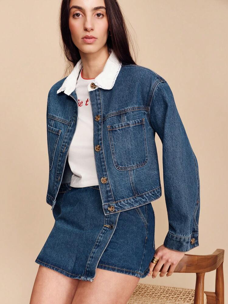 lacRébo Blue Denim Cropped Jacket With White Lace-Trim Collar Vintage Cute Style French Style Parisian Style Cotton Clothes Cotton Jacket - Medium Wash - View 6