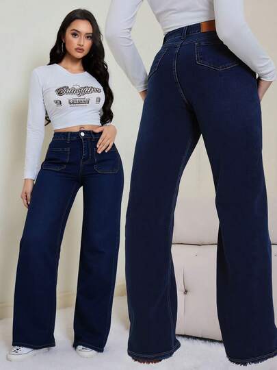 Jeans Amplios de Cintura Alta de Color Azul Oscuro para Mujer, Pantalones Casuales Simples