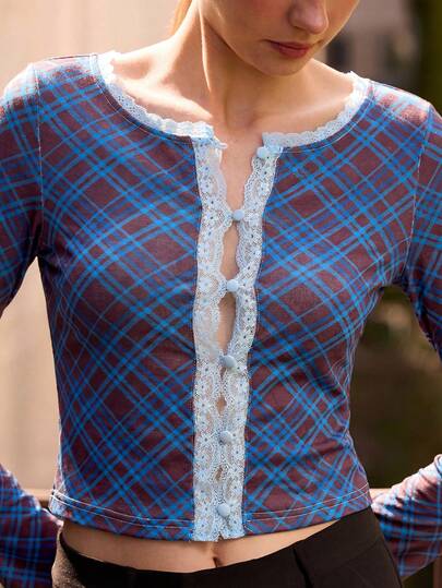 lacRébo 斑马纹长袖上衣，粉色蕾丝边饰，纽扣开襟，秋季女装，秋季穿搭，秋冬女装