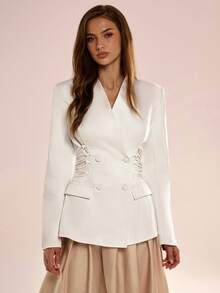 Avenya 优雅通勤交叉系带双排扣西装外套 - 白色 - 查看 1
