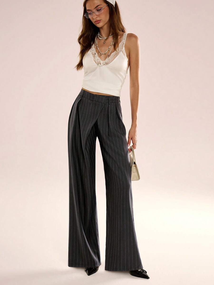 Avenya 女士休闲日常办公通勤褶皱条纹印花宽松阔腿裤 - 深灰色 - 查看 1