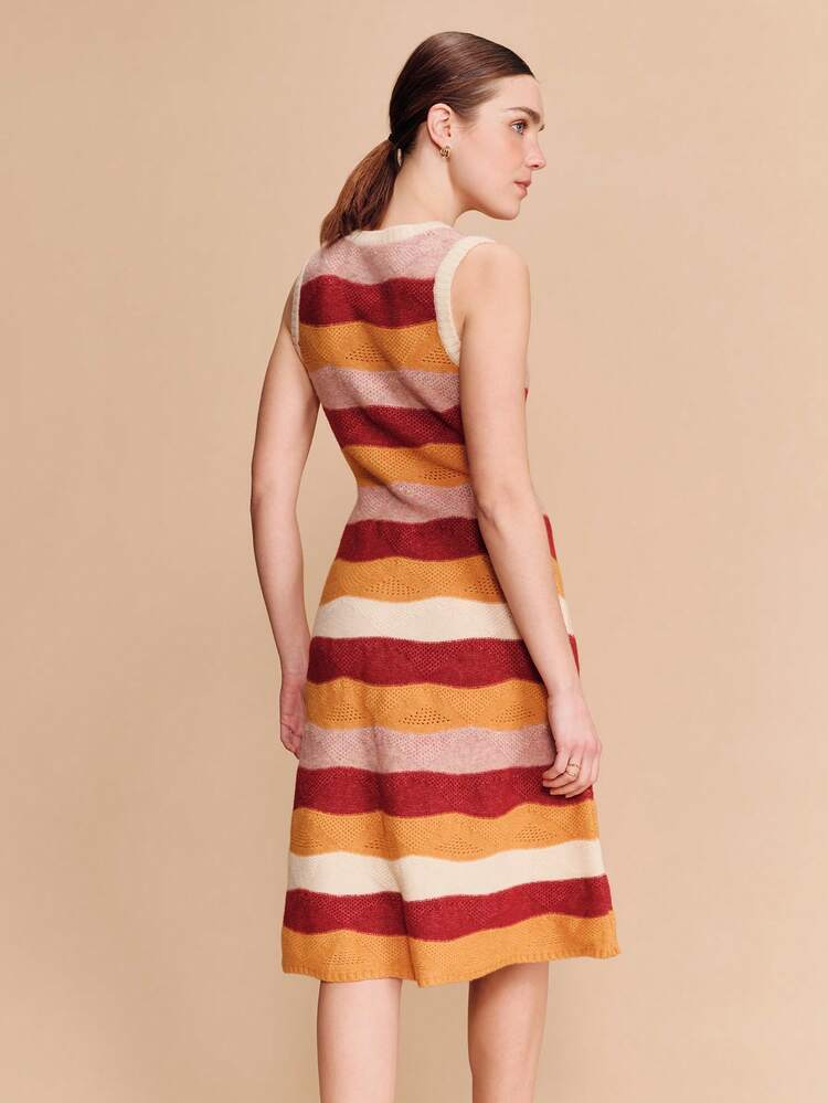 Multicolored Wavy Striped Open-Knit Sleeveless Midi Dress Vintage Spring Summer Style French Style Parisian Style Sunset Dress  Medium Length Dress Knit Dress Spring Dress