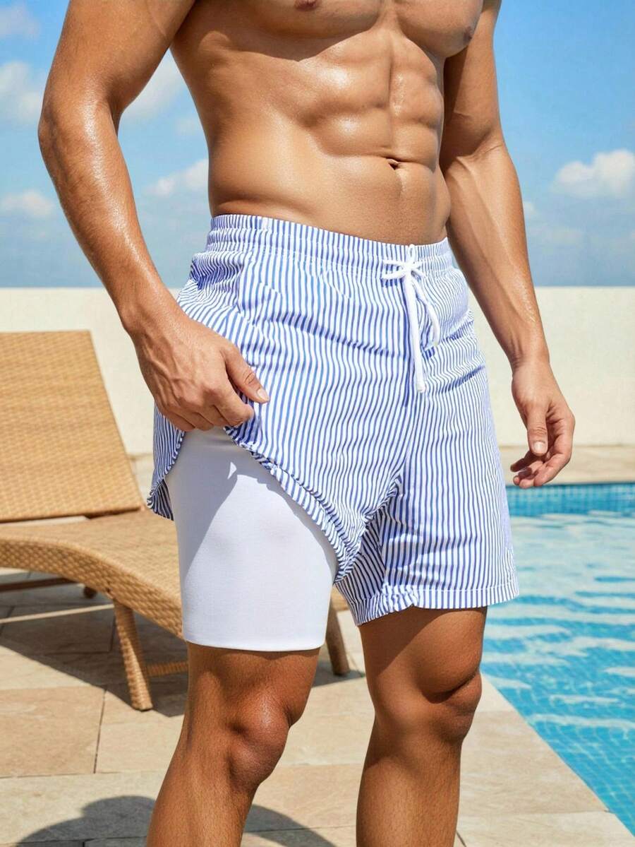 SHEIN 1件青少年男童简约条纹梭织面料短裤，款式简洁，连体泳衣，时尚设计，适合海滩、游泳、度假、夏季穿着。男士泳裤，条纹泳裤，抽绳泳裤，条纹泳装，男士条纹泳裤，蓝白条纹泳裤，带内衬泳裤，抽绳泳裤，条纹泳裤，条纹短裤，男士泳装