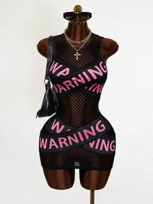 Mistrie New Women's Mini Dress That Is Tight And Slimming, With Printed Mesh And Slogan Graphics, Street Photography, Music Festival Parties - Black - View 1
