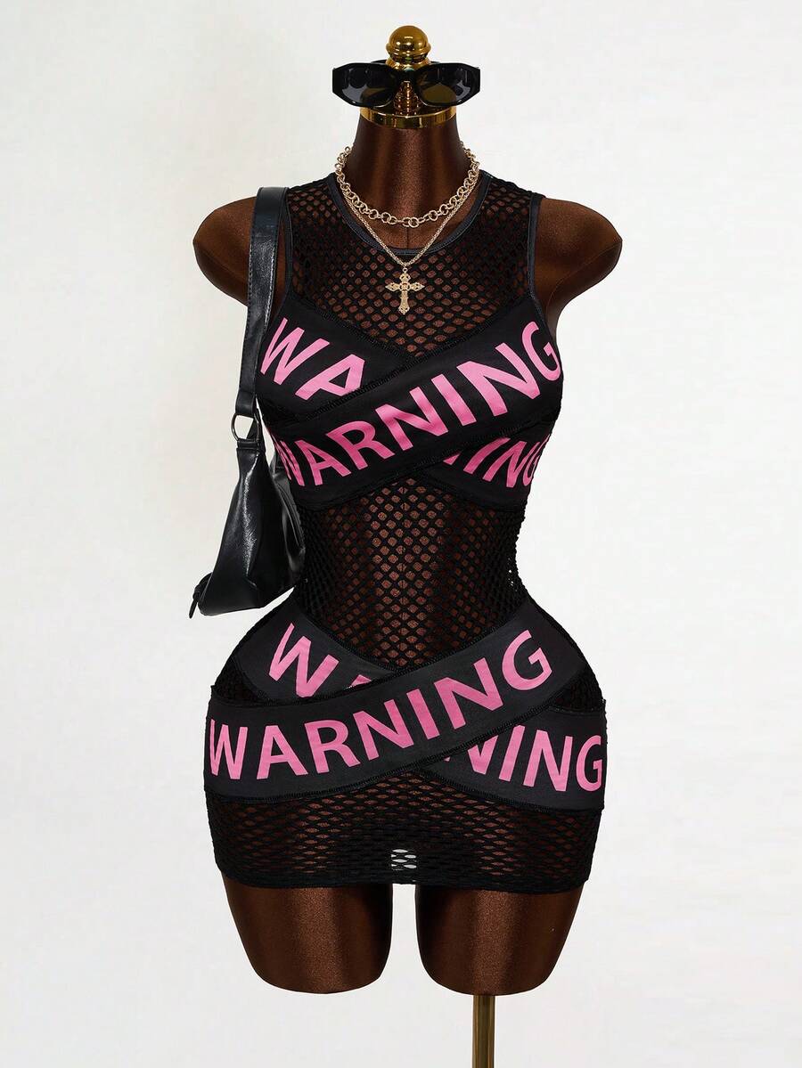 Mistrie New Women's Mini Dress That Is Tight And Slimming, With Printed Mesh And Slogan Graphics, Street Photography, Music Festival Parties - Black - View 1