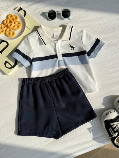 SHEIN Set de 2 piezas de camisa polo a rayas y pantalones cortos de cintura elástica para bebé niño, adecuado para fiesta de cumpleaños, rave, fiesta de noche, actuación, boda, baby shower y celebración del 1er cumpleaños