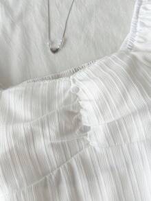 SHEIN Áo kiểu nữ tuổi teen thanh lịch, cổ chữ U, tay bồng, eo cài cúc, chất liệu jacquard, màu trắng, kiểu dáng ngọt ngào và dễ thương như áo ba lỗ, thích hợp cho mùa xuân/hè. - trắng - Xem 6