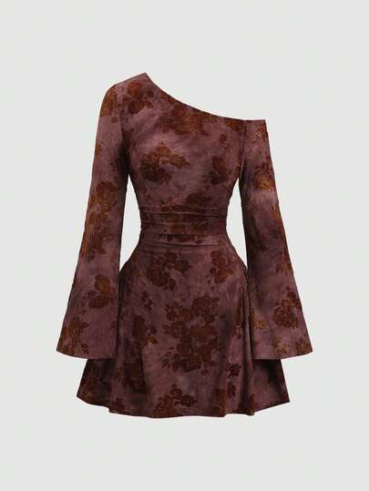 Sweetra Vintage Green Flocked Asymmetrical Off-Shoulder Flare Sleeve Ruched Waist Autumn Women Short Dress