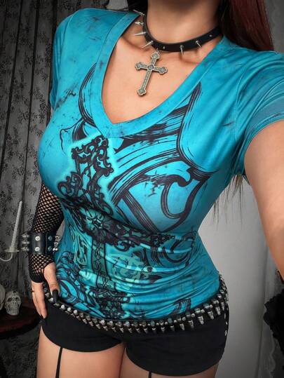 Whyspr Plus Size Women's V-Neck Printed Tight T-Shirt, Punk Subculture Anime Print V-Neck Short Sleeve T-Shirt, Music Festival , Suitable For Spring & Summer