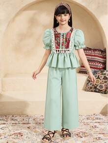 SHEIN 2pcs Tween GirlsFashion Printed Patchwork Blouse And Pants Set