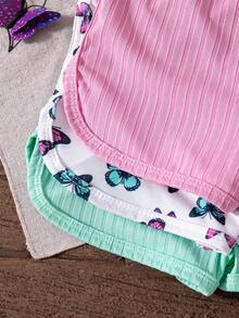 SHEIN 3件套女婴夏季休闲纯色罗纹连体衣，蝴蝶印花，3D蝴蝶结装饰，无袖 - 彩色 - 查看 6