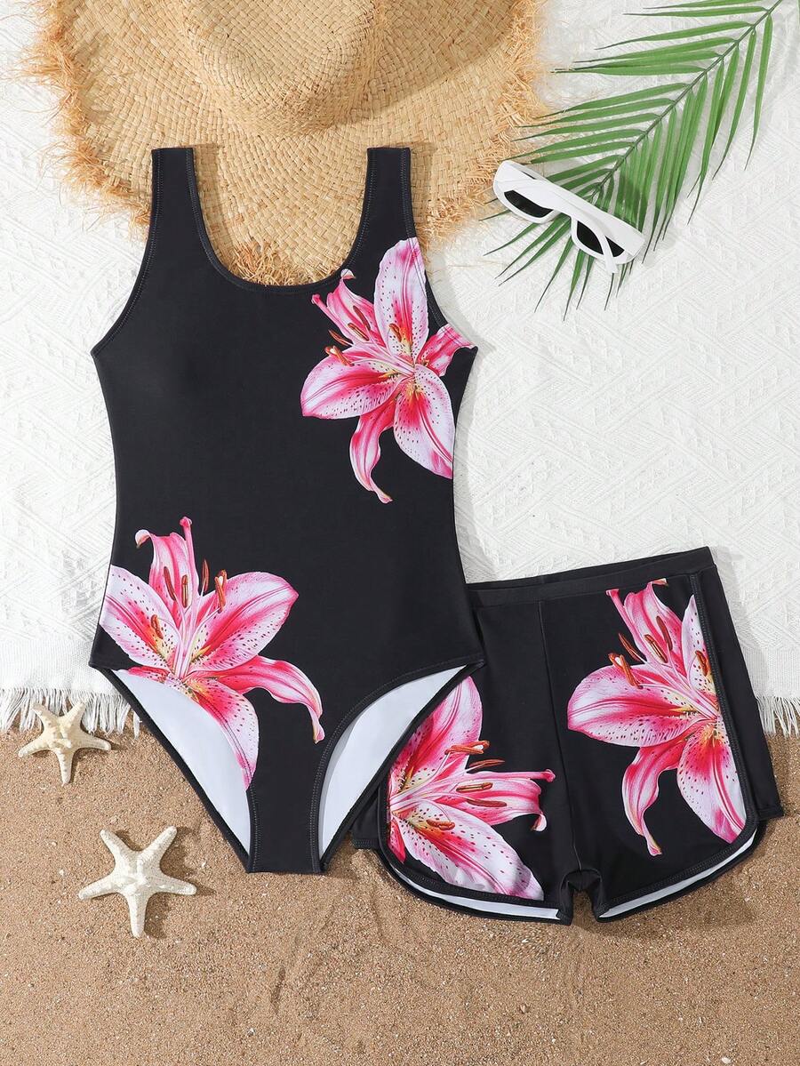 SHEIN Bộ áo tắm một mảnh kiểu dáng thanh lịch, thoải mái dành cho thiếu nữ, họa tiết hoa, cổ yếm, có dây đeo rời và quần short đi biển cùng màu, thích hợp cho bơi lội, kỳ nghỉ hè. - màu đen - Xem 1