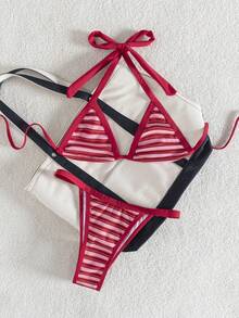 Swim Mod 2pcs Women Striped Jacquard Fabric Halter Tie Micro Triangle Bikini Top And Adjustable High Cut Triangle Bikini Bottom Swimsuit Set - Red - View 4