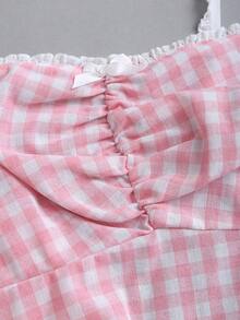 Sweetra 2件套女士浪漫格子吊带露背系带休闲吊带背心和直筒裤套装，春夏款 - 粉色 - 查看 7