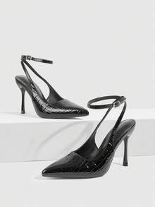 CUCCOO SZL Pointed Toe Stiletto High Heel Black Glossy Fabric Fashion Versatile Sexy Party Ankle Strap Women's High Heel Pumps, Women's Backless Pumps For Christmas Valentine's Day - 7639 stone pattern black - View 2