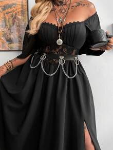 Whyspr New Spring/Summer Western Fashion Gothic Dark Style Patchwork Lace Fabric Dress, Ruffle Trim Tie-Up Design Lantern Sleeve Off-The-Shoulder Dress With Side Slit