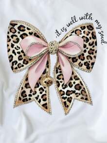 女童休闲简约英文风T恤，粉色蝴蝶结，豹纹蝴蝶结，水钻图案，短袖圆领，适合夏季穿着，美式度假风，修身白色T恤，日常百搭。 - 彩色 - 查看 5
