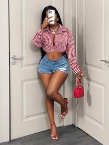 BamGleam 女士时尚格子前开襟短款长袖衬衫，夏季 - 紅白色 - 查看 7