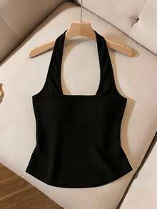 GlowEve Top de tirantes con cuello halter con decoración de flores 3D de strass para mujer - Negro - Ver 2