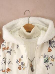 SHEIN 青少年女孩蓬松领拉链连帽全印花保暖内衬冬季夹克