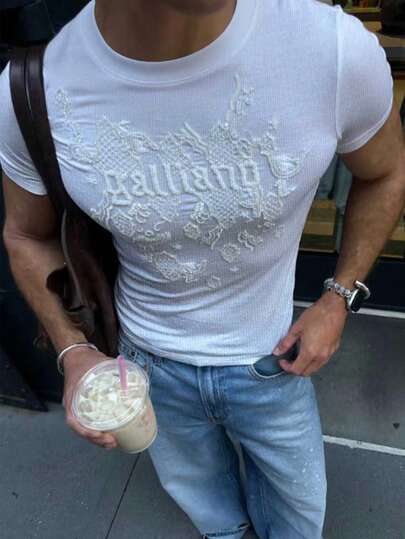 Manfinity Dauomo 남성용 자수 크루 넥 슬림핏 캐주얼 반팔 티셔츠