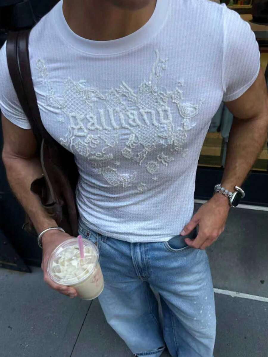 Manfinity Dauomo Men's Embroidered Crew Neck Slim Fit Casual Short Sleeve T-Shirt - White - View 1