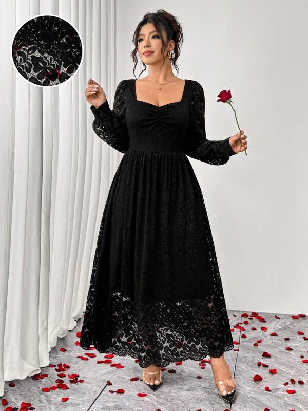 Elenzga Women's Plus Size Elegant Square Neck Heart L Long Puff Sleeve Waist A-Line Loose Lace Long Skirt, Suitable For Daily Commuting Lace Dress Formal Women Dressesvalentine's Day  Valentine Outfits For Women    Valentine Clothes   Plus Size Valentines  Valentines Day Dress Valentine Day Dress Black Lace Dress Women Black Goth Dress Black Funeral Dress Women Plus Size Black Lace Dress Milkmaid Dress Women