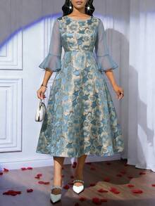 SHEIN Lady 女士圆领提花网纱拼接优雅收腰中长派对连衣裙 - 藍色 - 查看 4