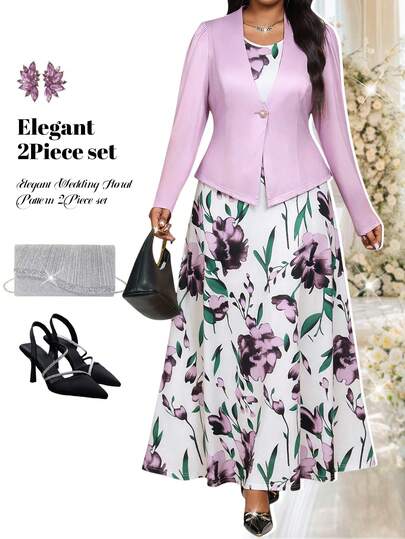 Fleurora Plus Size Elegant Commuter Solid Color Jacket & Floral Print Dress 2-Piece Set