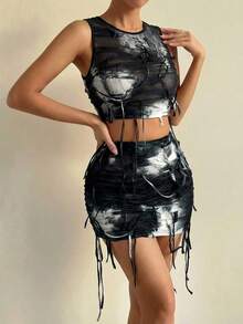 VaVaBold Áo crop top không tay nhuộm cà vạt mùa hè dành cho nữ có chi tiết tua rua và bộ váy ngắn - Đen và trắng - Xem 7