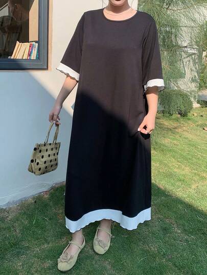 Dazy Plus Đầm nữ cỡ lớn cổ tròn phối màu, thích hợp mặc hàng ngày, hẹn hò hoặc đi chơi.