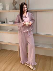 Dazy Plus 2 Stücke Damen Große Größen Niedliches Puppenhalskragen Schleife Blume Muster Locker Langarm Top und Lange Hose Pyjama Set, Frühling/Herbst - Altrosa - Übersicht 1