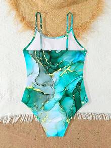 SHEIN Girls Swimsuits Quick Dry Crossback One Piece Beach Swimwear Bathing Suit With Adjustable Strap 8-14Years Tween Girl Marble Print One Piece Girls Cyan Swimsuit Aqua Blue Kids Swimsuit Turquoise Bathing Suit Girls Tween Girl Swimsuit Marble Print Swimsuit Girl Girls Abstract Print One-Piece - Multicolor - View 2