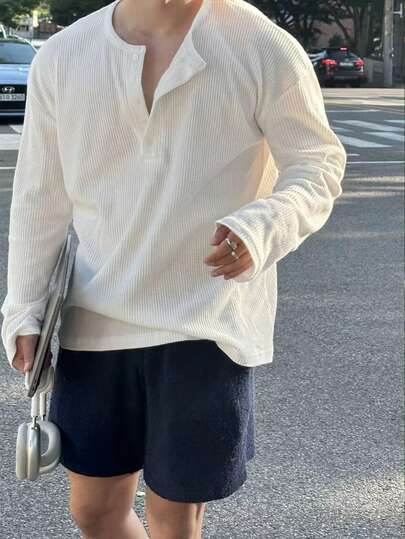 Manfinity Dauomo 男士纯色半开襟纽扣休闲百搭长袖T恤