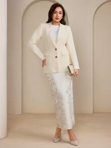 Modelyn Conjunto de traje de negocios minimalista de unicolor para mujer, conjunto de blazer y falda - Albaricoque - Ver 4