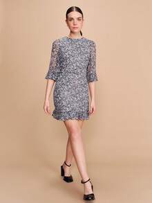 lacRébo 蓝色抽象印花雪纺迷你连衣裙，收腰设计，荷叶边袖口和飘逸下摆，可爱春夏连衣裙，法式巴黎风情。 - 彩色 - 查看 4