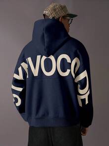 STYNVO 男士休闲字母印花连帽衫，秋冬季藏蓝色连帽衫，宽松印花连帽衫，街头风连帽衫，男士连帽衫 - 藏蓝色 - 查看 6