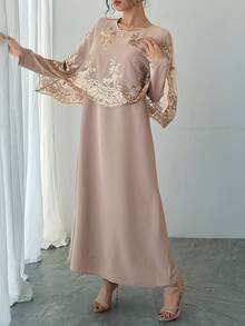 DAZY Women's Gold Foil Mesh Shawl And Round Neck Long Sleeve Dress Casual Daily Holiday Outfit - Pink - View 2