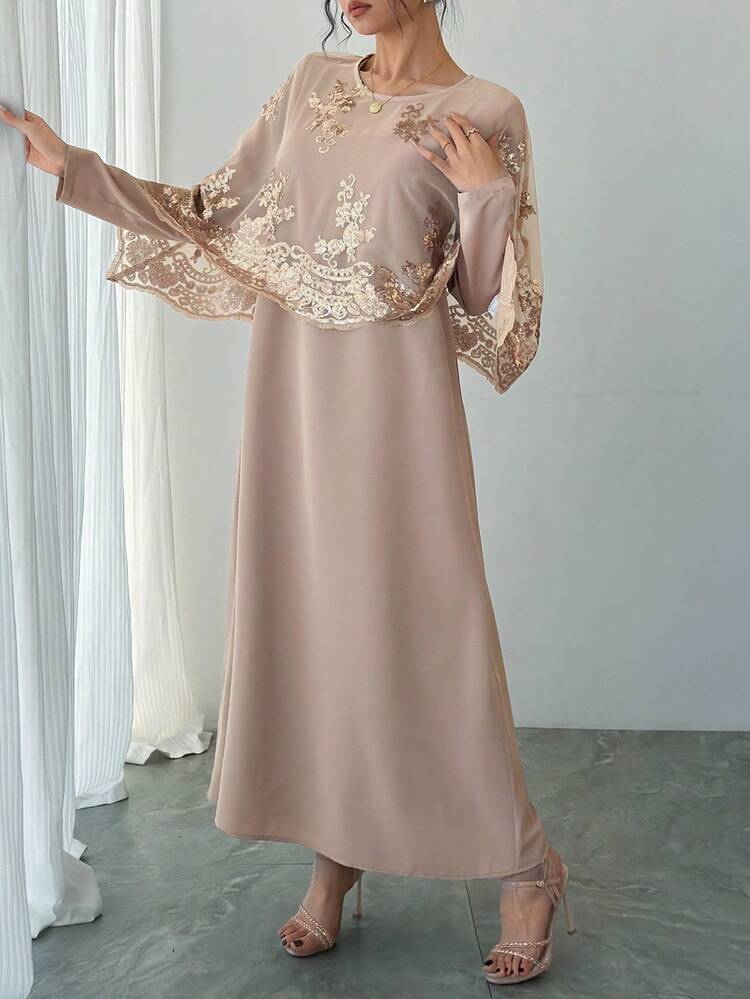 Women's Gold Foil Mesh Shawl And Round Neck Long Sleeve Dress Casual Daily Holiday Outfit