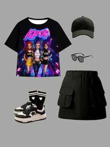 少女休闲简约甜美印花短袖圆领T恤搭配工装裙，适合夏季穿着。夏季简约插肩袖T恤搭配修身半身裙两件套，可机洗，面料舒适，适合休闲穿着。 - 彩色 - 查看 2