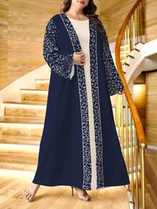 SHEIN Najma Plus Size Women's Leaf Pattern Digital Print Casual Long Sleeve Cardigan, Suitable For Spring And Autumn - Multicolor - View 3